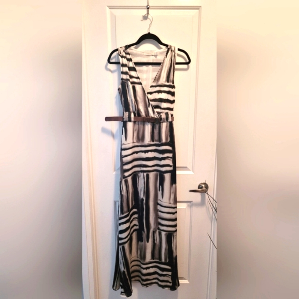 Costa Blanca Sleeveless V-Neck Maxi Dress Cream Black Striped S: Small